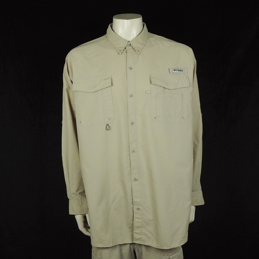 Columbia PFG Bonehead Fishing Gear Button Down Shirt Mens 2XL XXL Khaki Beige